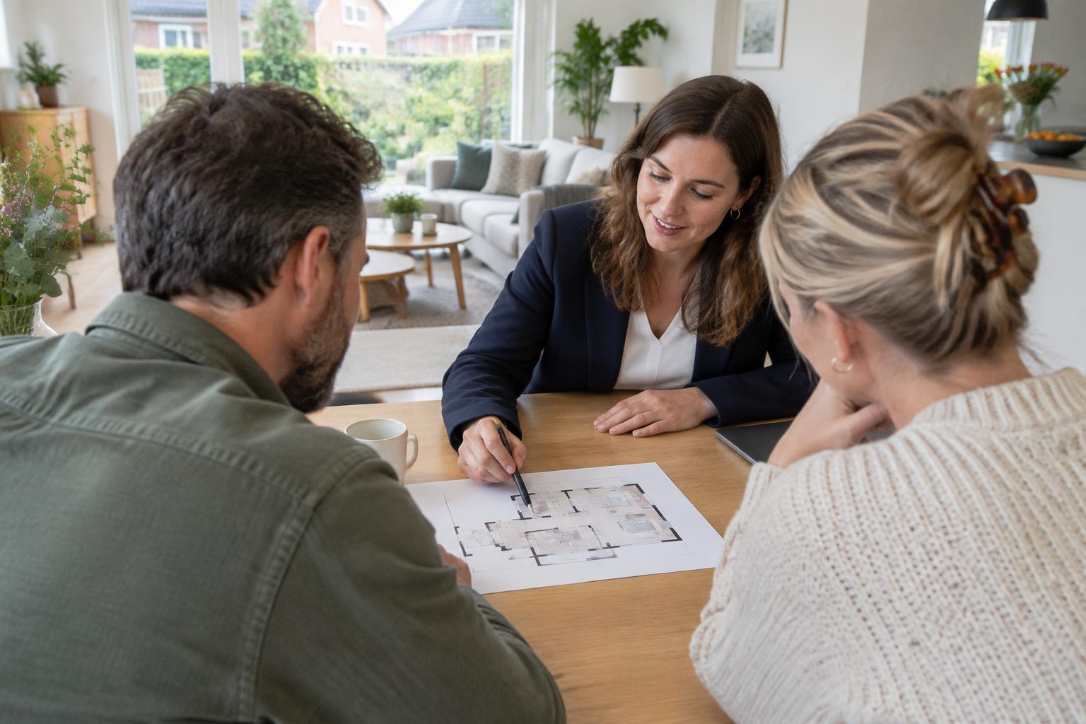 Kopers bespreken een woningplattegrond met een adviseur