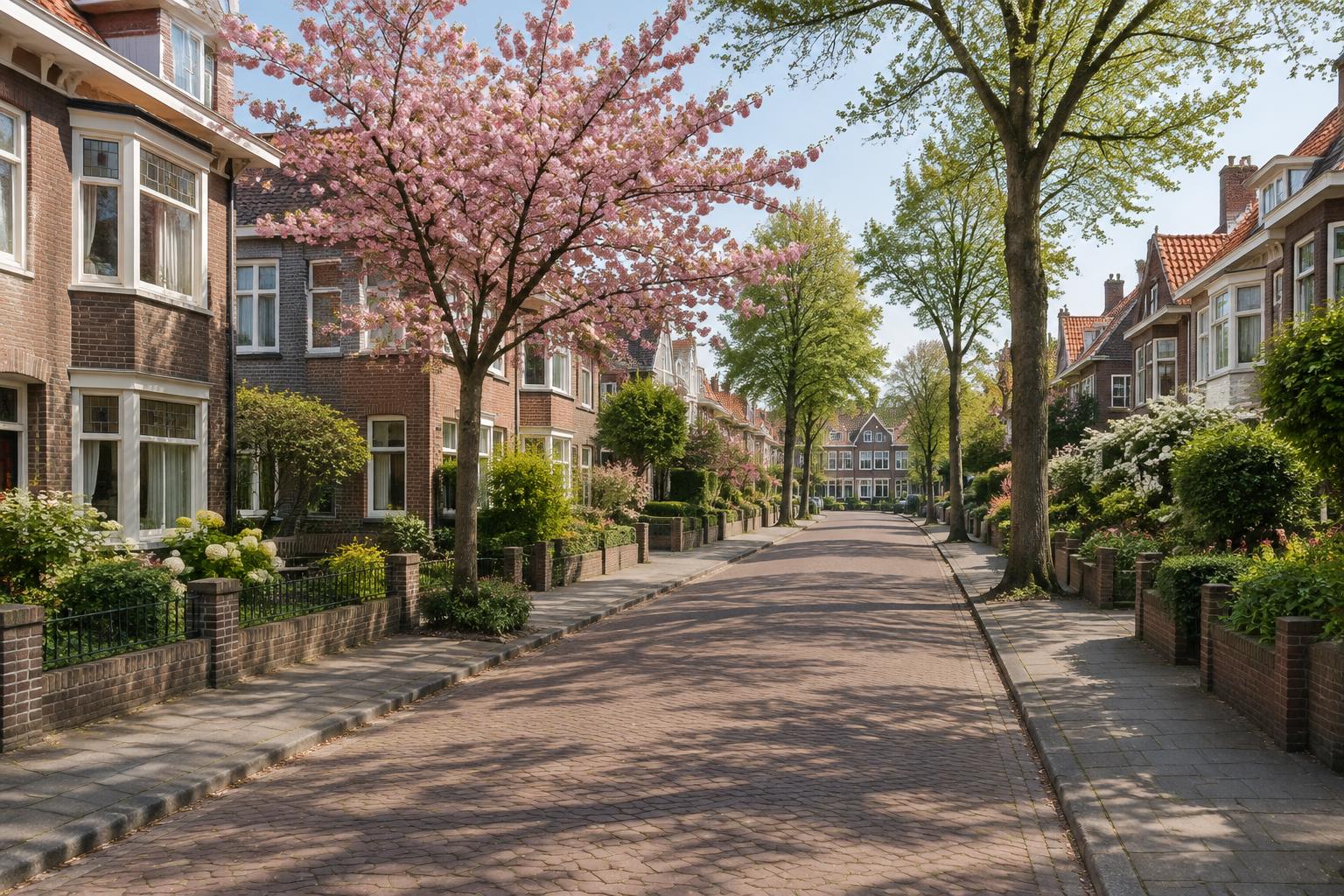 Groene woonstraat met karakteristieke huizen en bloesembomen