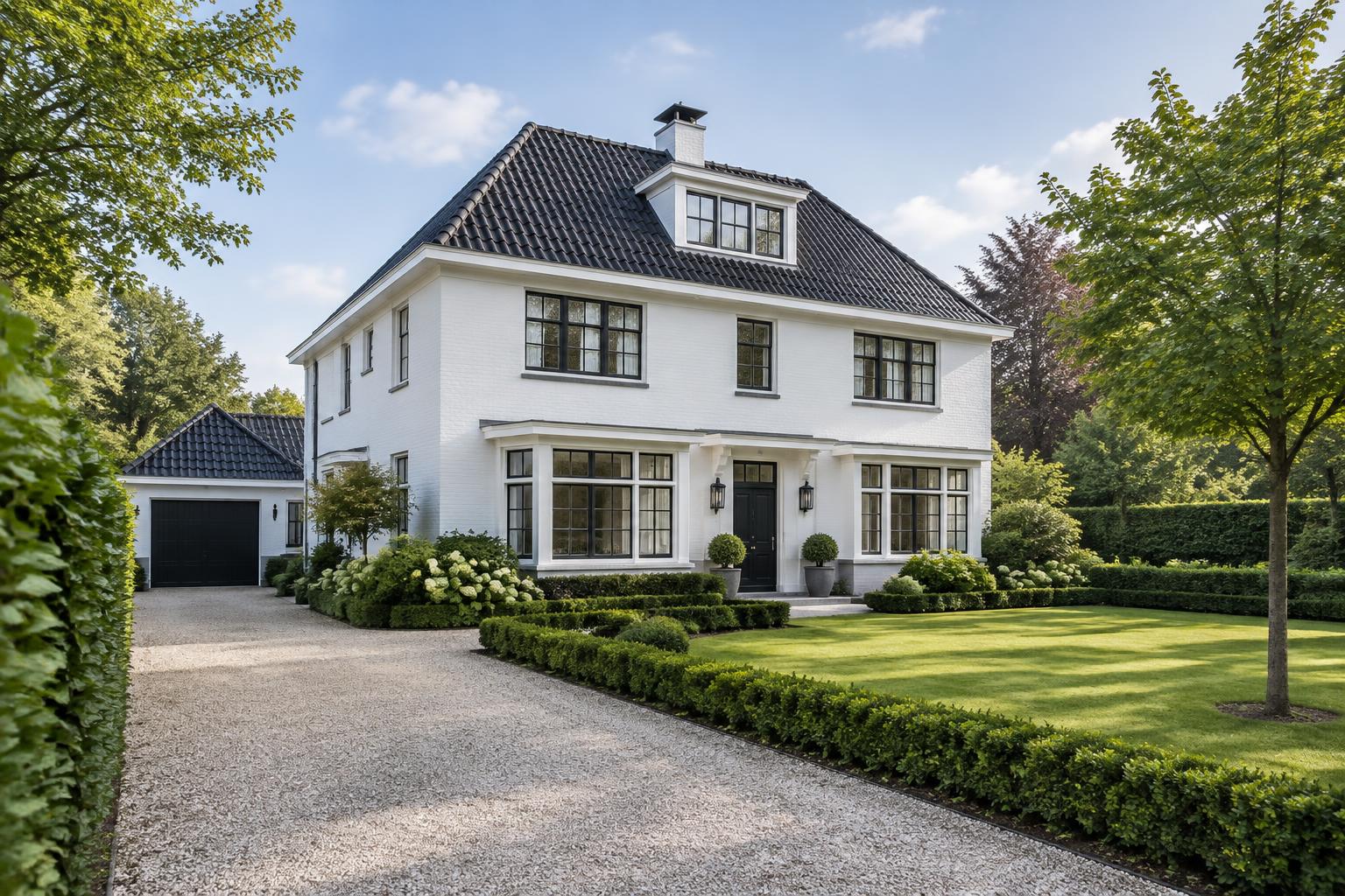 Vrijstaande witte woning met een ruime groene tuin